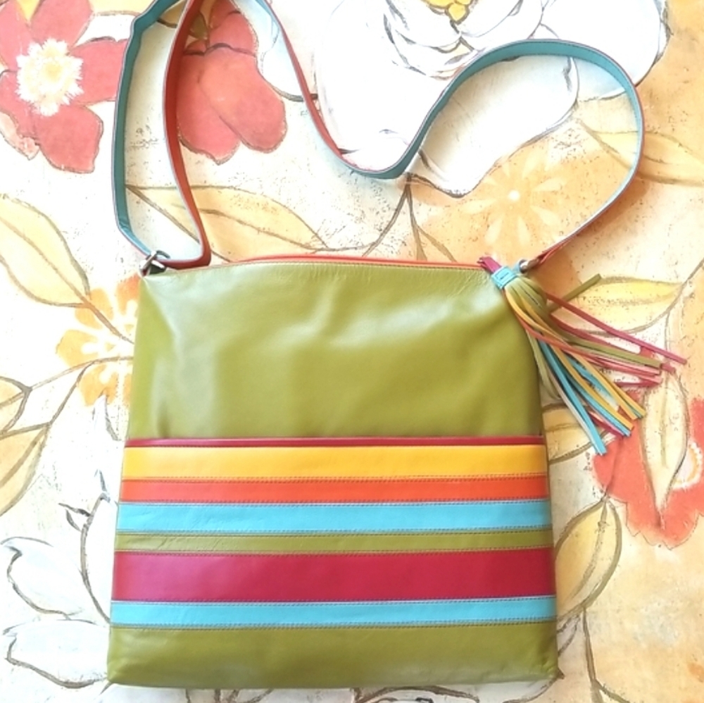 ili NEW YORK Olive Green & Rainbow Stripes Crossbody Satchel Gorg Leather Purse